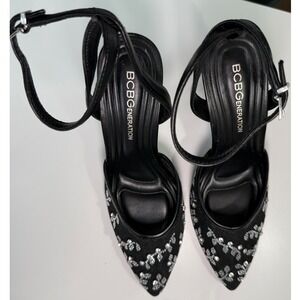 BCBGeneration Barlo Black Mesh Rhinestone Floral Ankle Strap Pumps Heels 6M 36